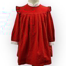 Vintage 70s Girls Dress Size 5 Youngland Red Calico High Neck Long Sleeve ILGWU