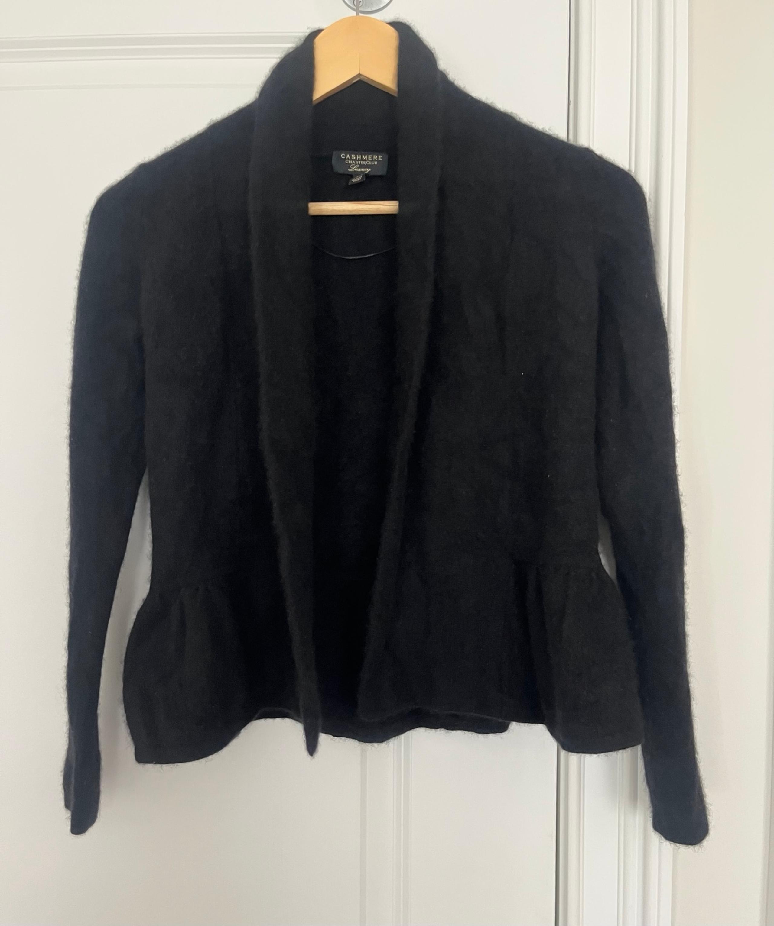 Cashmere Charter Club women’s open front peplum cardigan Sz. XS black
