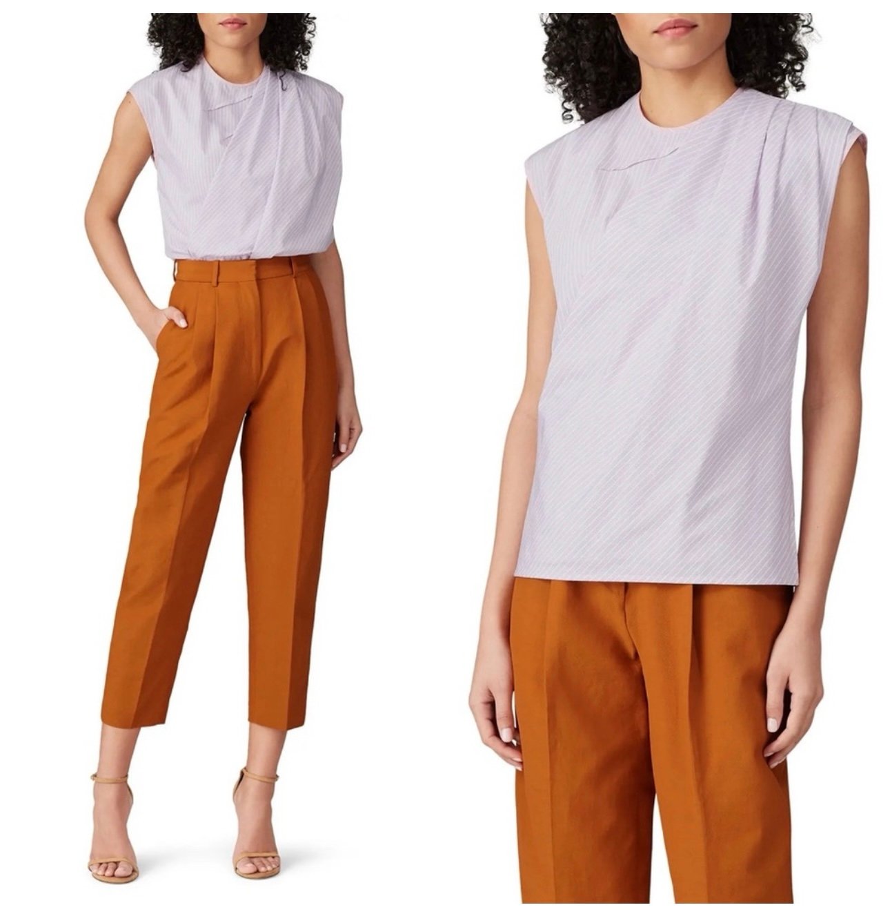 Anvas Lavender and White Stripe Angelina Top Sleeveless Drape Detail Blouse