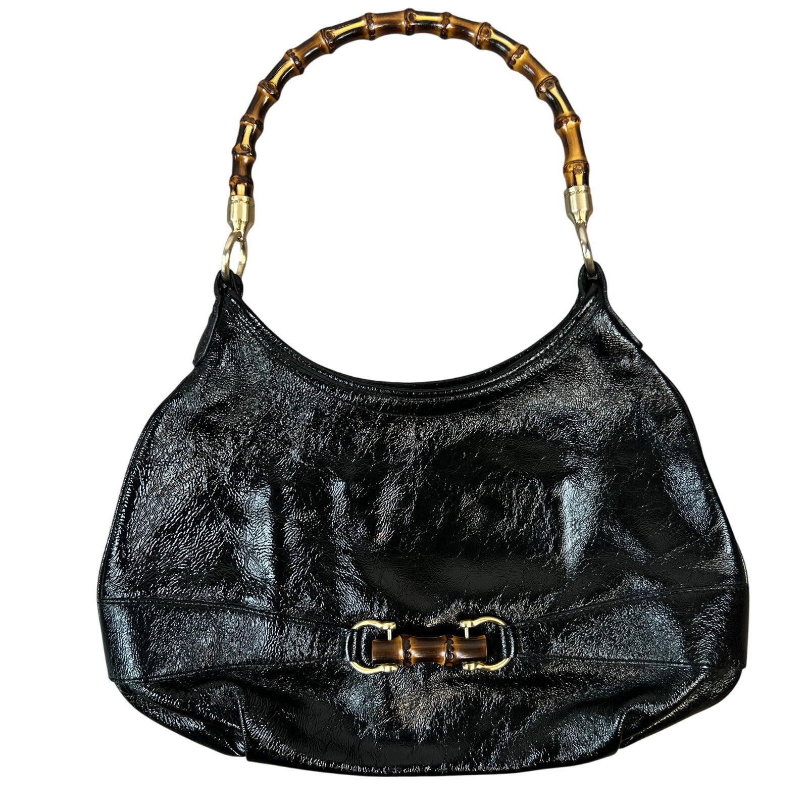 Talbots Large Black Patent Crinkled Leather Wooden Bamboo Handle Shoulder Purse
