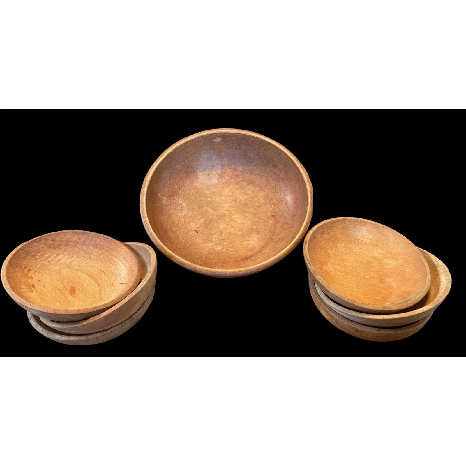 Primitive Style Seven Piece Wood Salad Bowl Set Antique Look Rustic Dining Japan