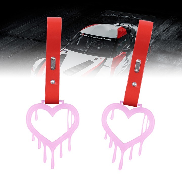Brand New 2PCS Drip Heart Shaped Pink JDM TSURIKAWA Handle Red Strap Charm Drift