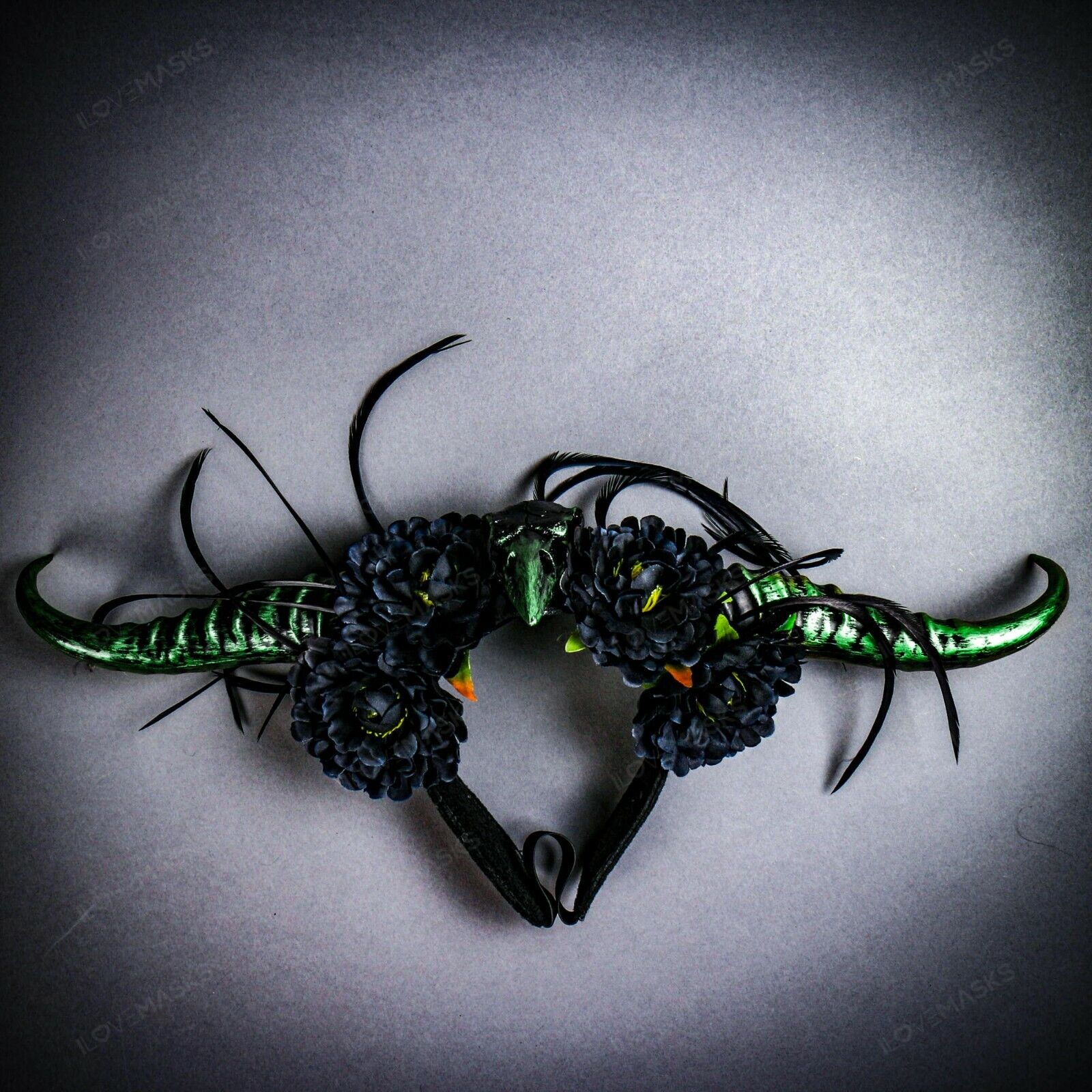 Raven Costume Devil Animal Skull w/ Impala Horns Headband HeadGear Black Green