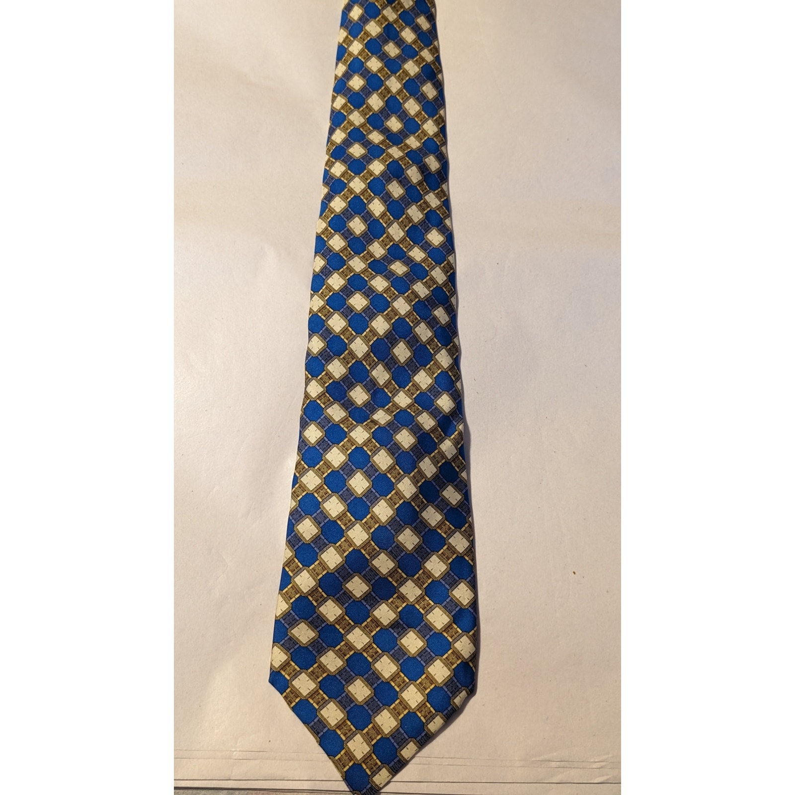 Piaget Silk Vintage 100% Silk Blue Gold Geometric Design Neck Tie