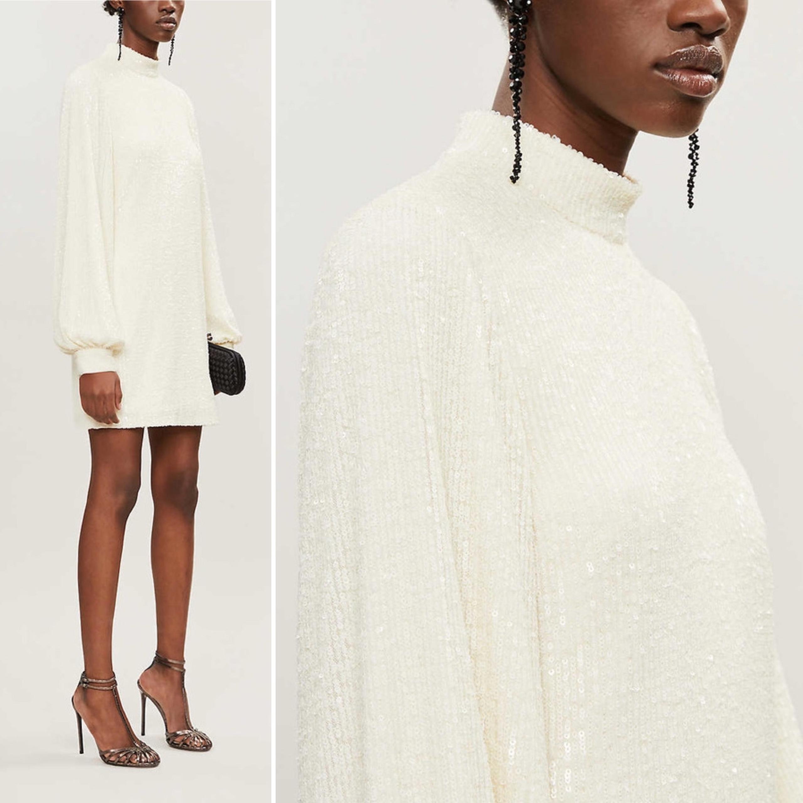 ALEXIS Lunia Sequined High Neck Blouson Sleeve Dress In Ivory Size Small Sexy