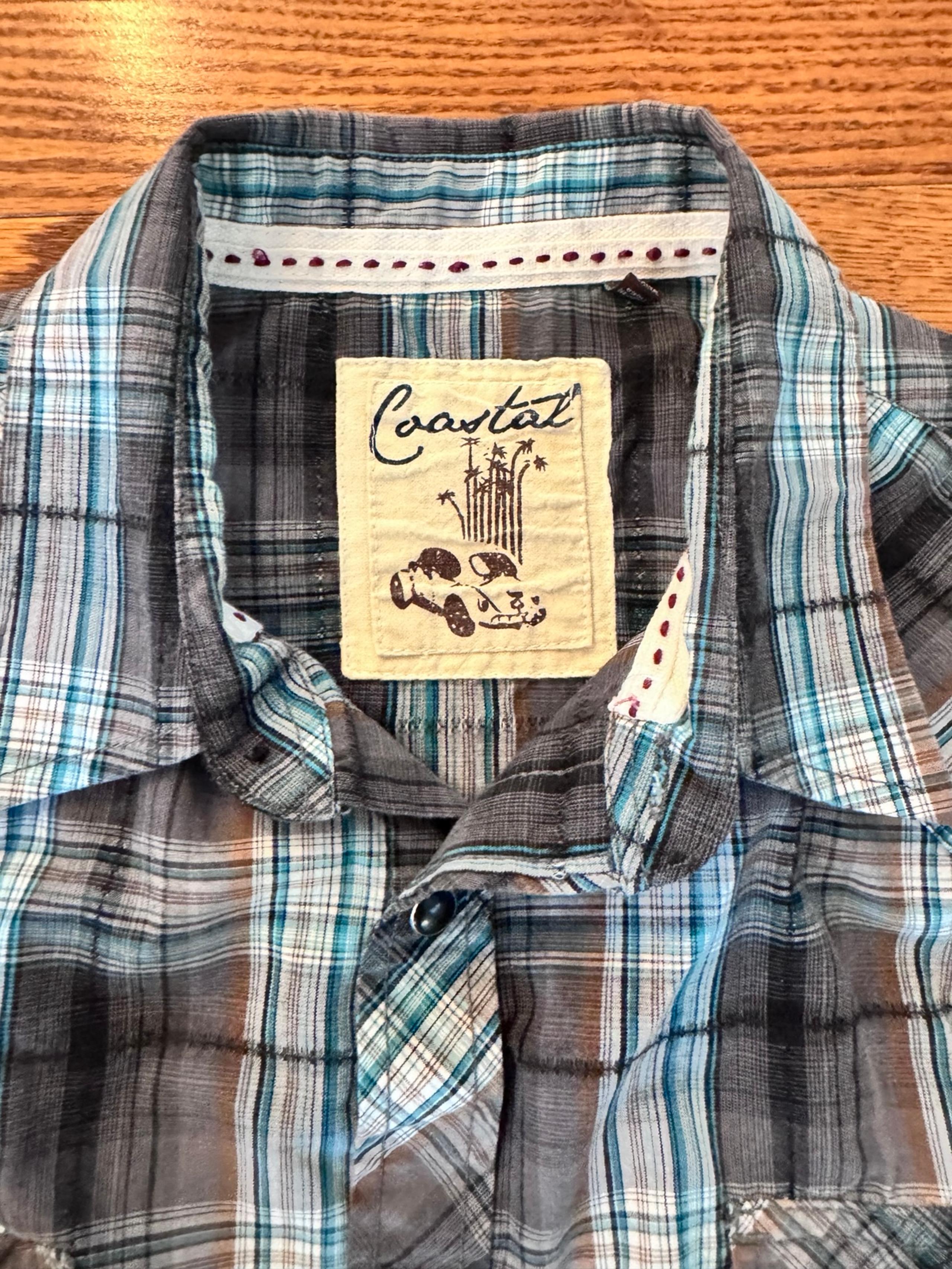 Coastal Men Button Up Shirt L Plaid Western Snap Long Sleeve Collar