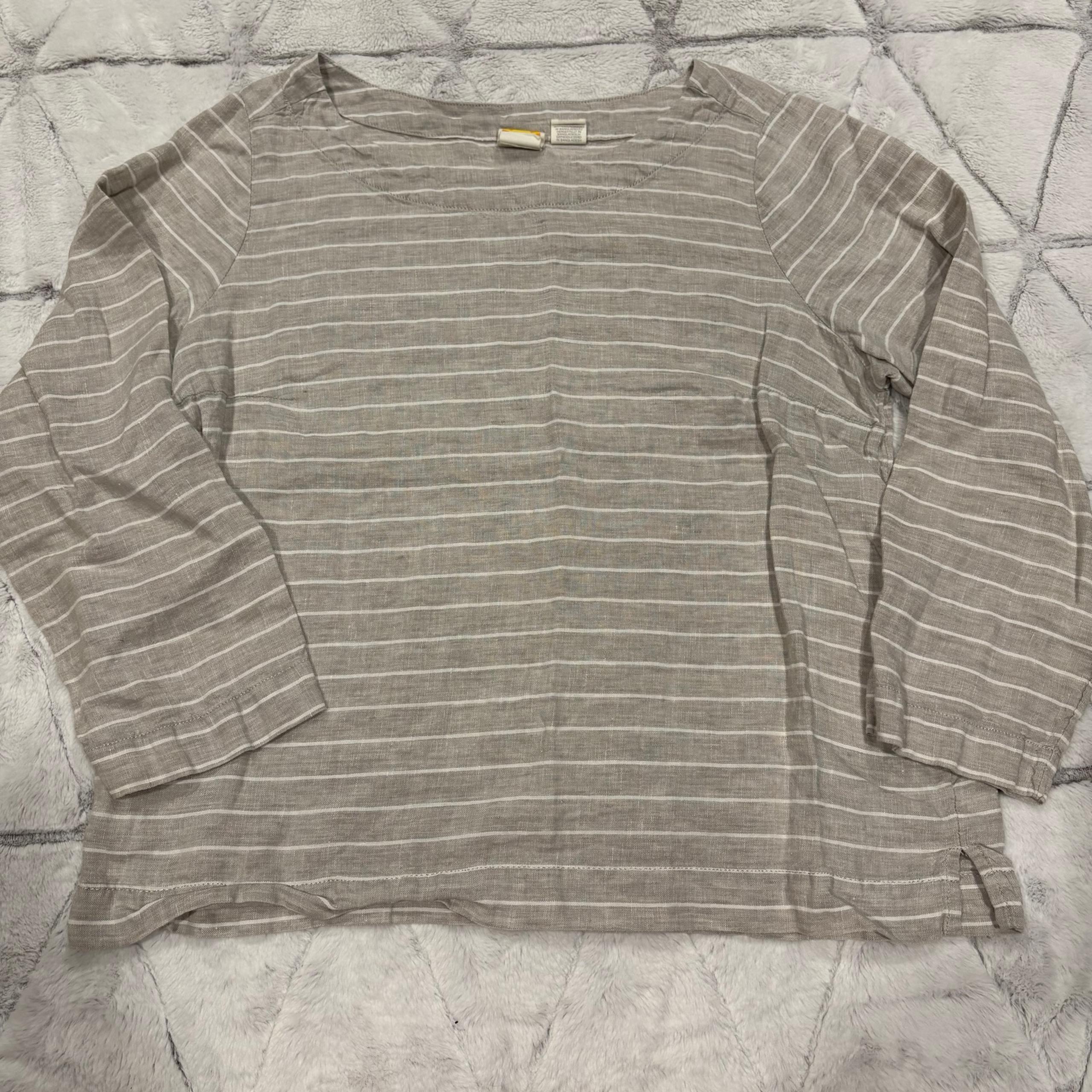 C & C California 100% Linen Gray Striped Long sleeve Blouse top Women’s Sz M