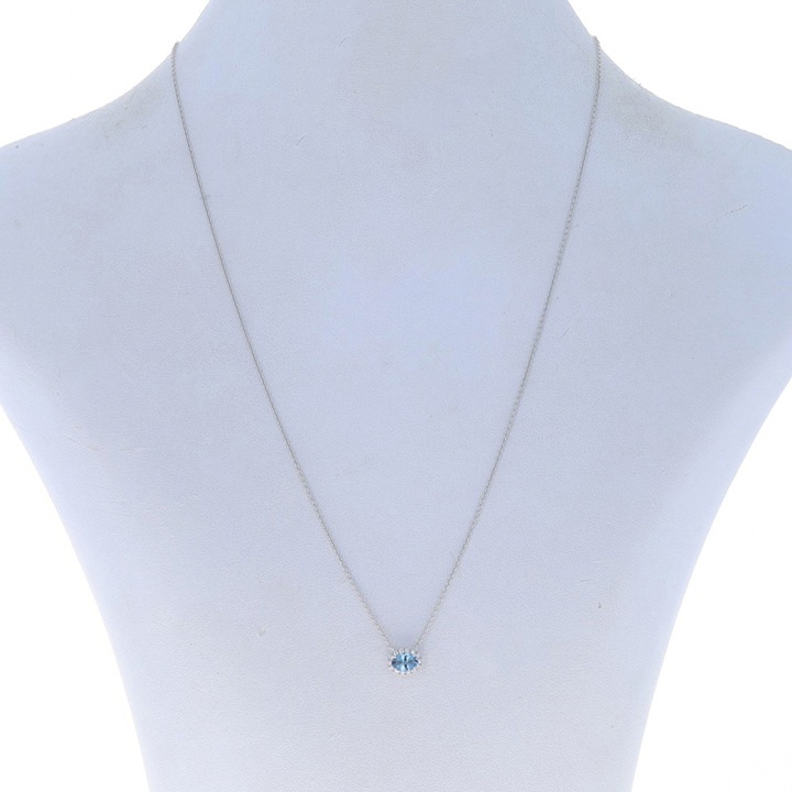 White Gold Aquamarine Diamond Halo Pendant Necklace 16 3/4 - 14k Oval V3378