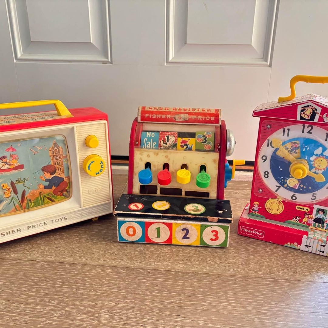 Lot of 3 Fisher Price Vintage Toys Music Box Clock Cash Register TV