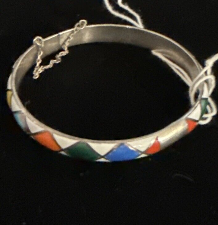 Vintage Sterling Silver Bangle Enamel Bracelet #3