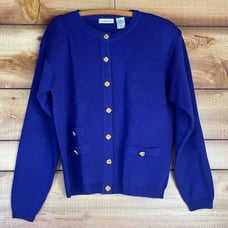 Talbots Womens 100% Merino Wool Cardigan Sweater Medium Purple Gold Button Up