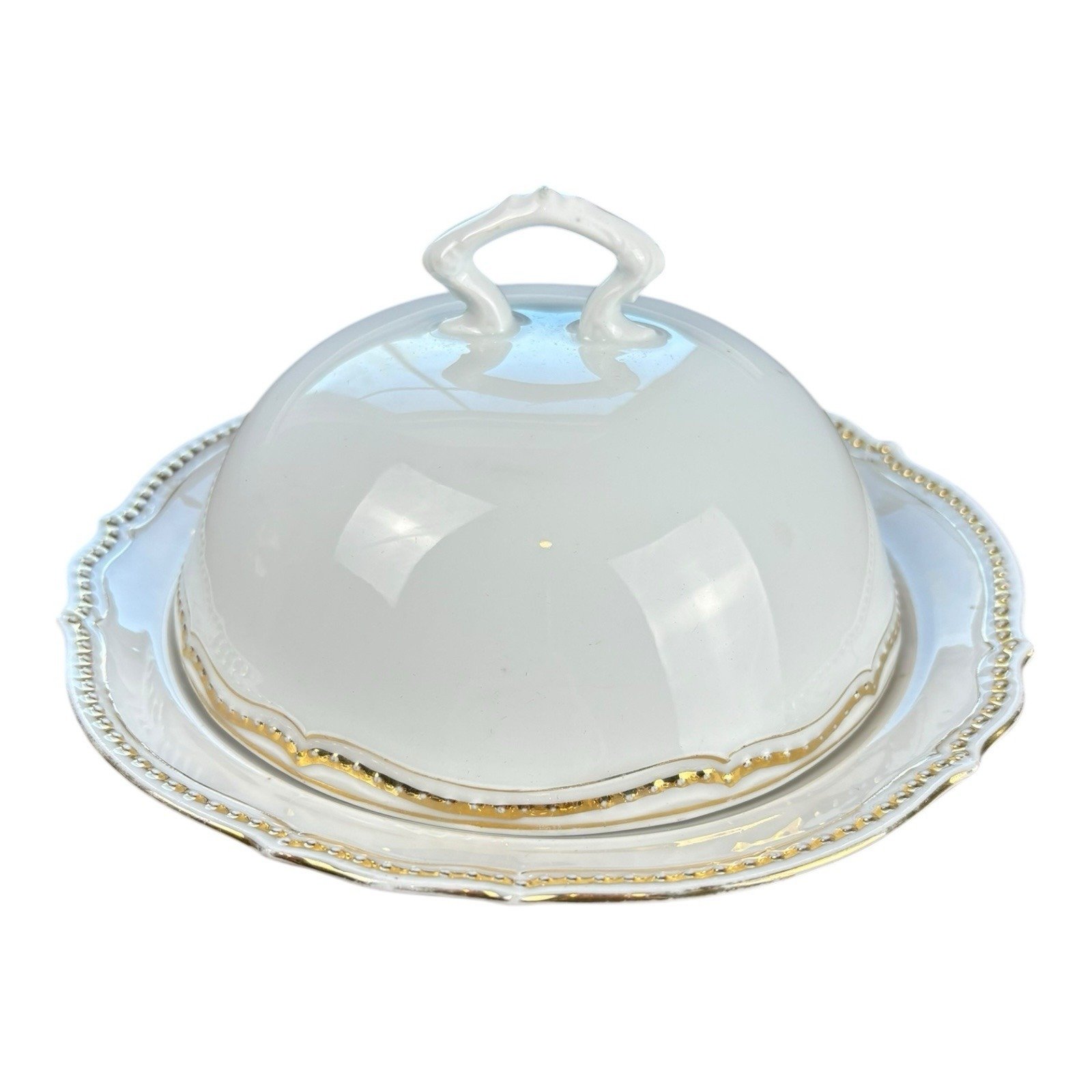 Antique P.K. Silesia Covered Butter Dish with Gold Beaded Trim