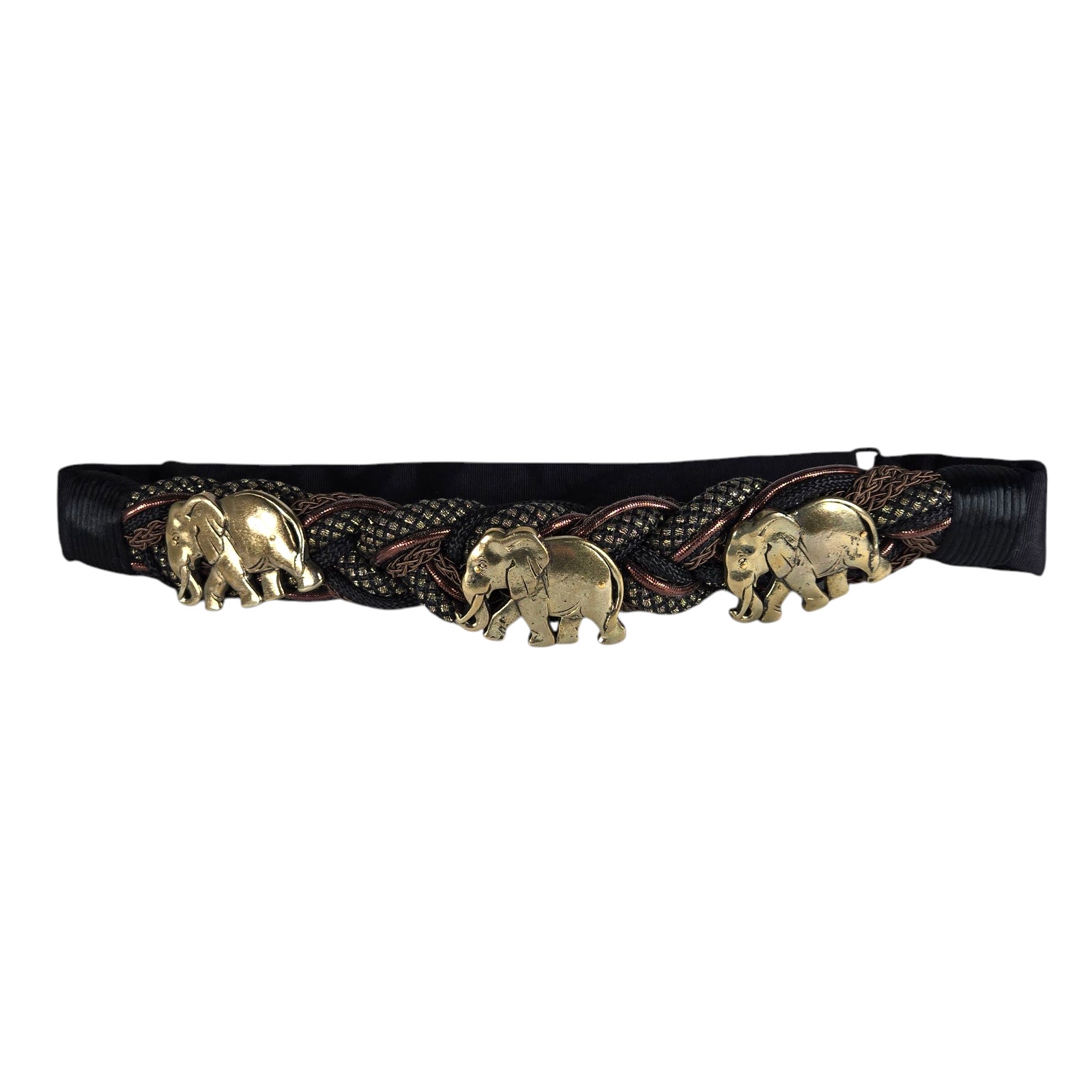 Vintage 80s Braided Rope Belt Carolyn Tanner Designs Brass Elephants Adjustable