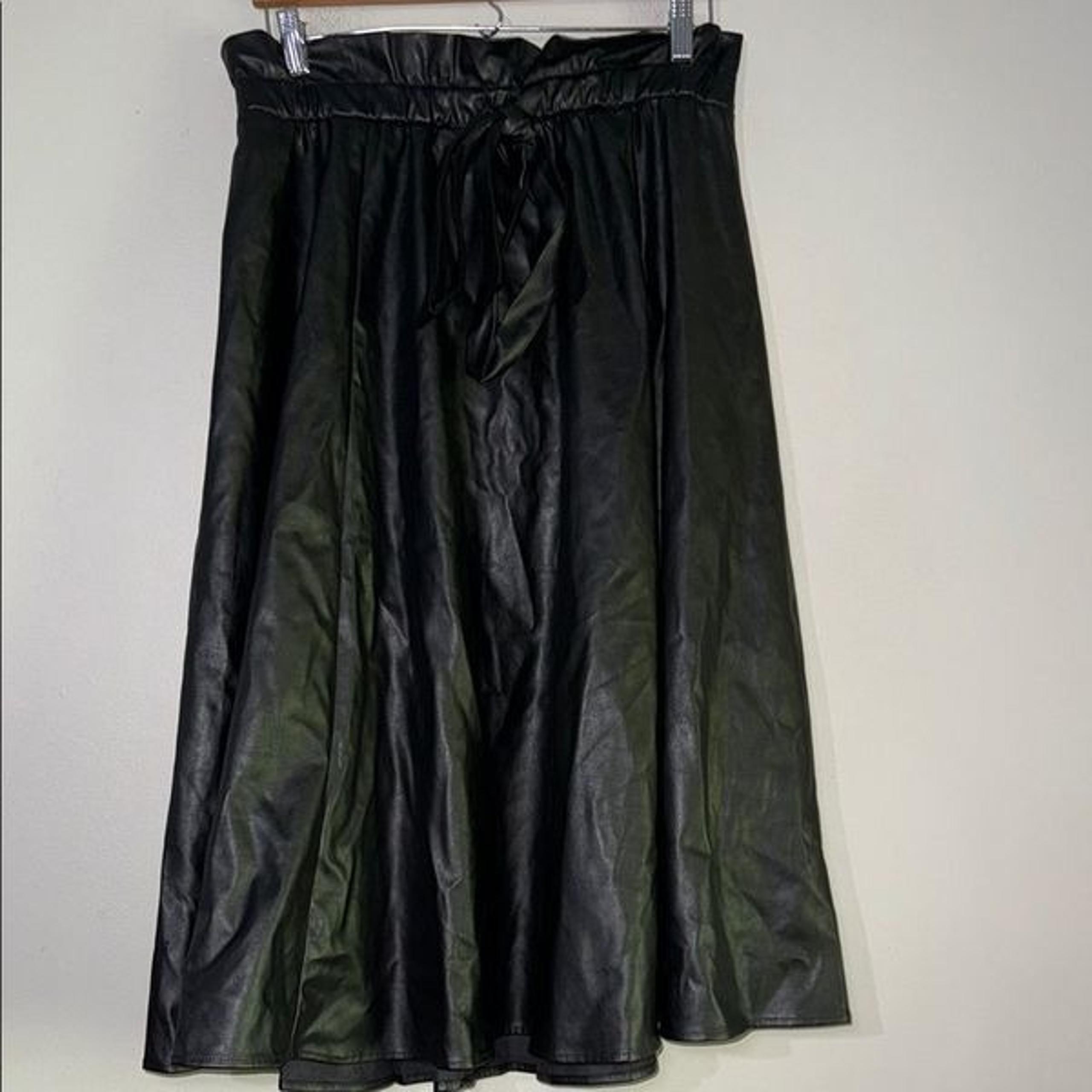 New York & Company Black Midi A-Line Faux Leather Skirt with Tie Front