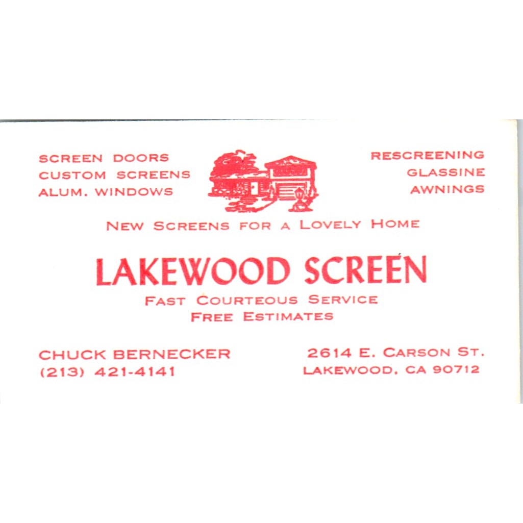 Chuck Bernecker Lakewood Screen Lakewood CA Vintage Business Card SD8-B3