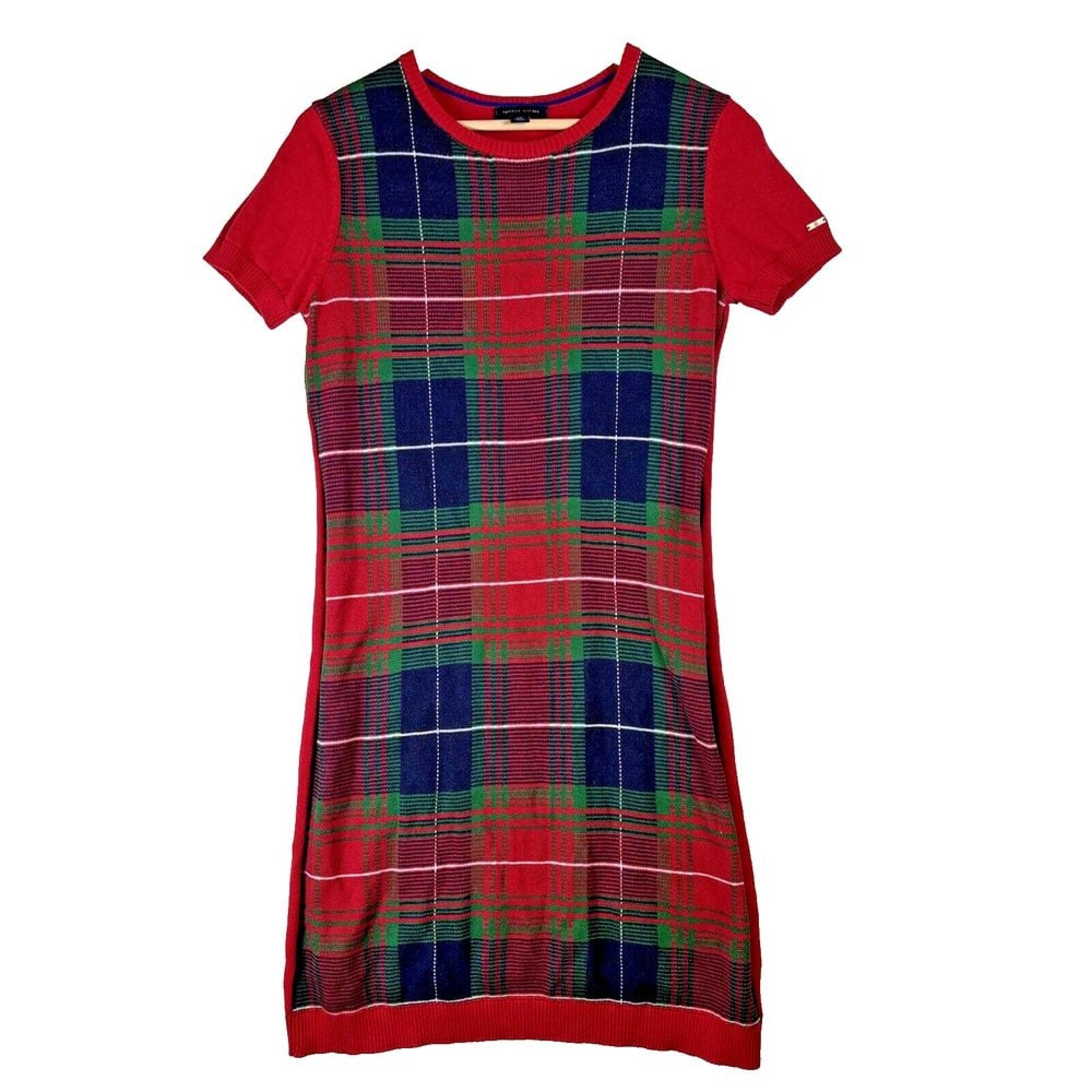 Tommy Hilfiger Womens Sweater Dress Sz S Red Holiday Plaid Short Sleeve Logo