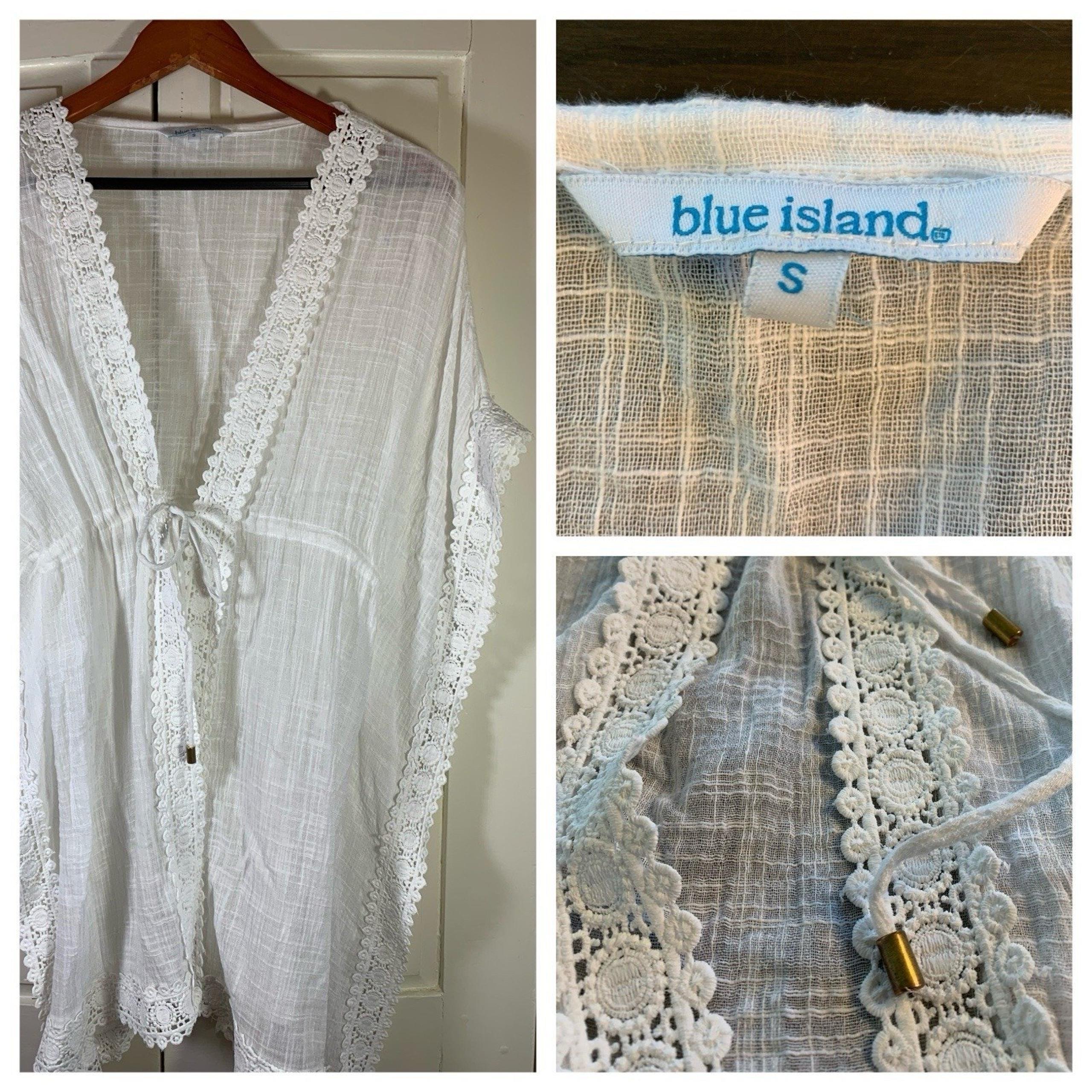 Blue Island Shirt Womens Small White Beach Swim Cover Up Short Sleeve Tunic Top