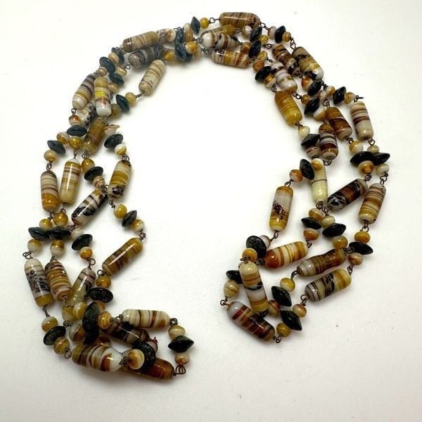 53 Vintage Murano Glass Wired Banded Agate Striped Beaded Necklace