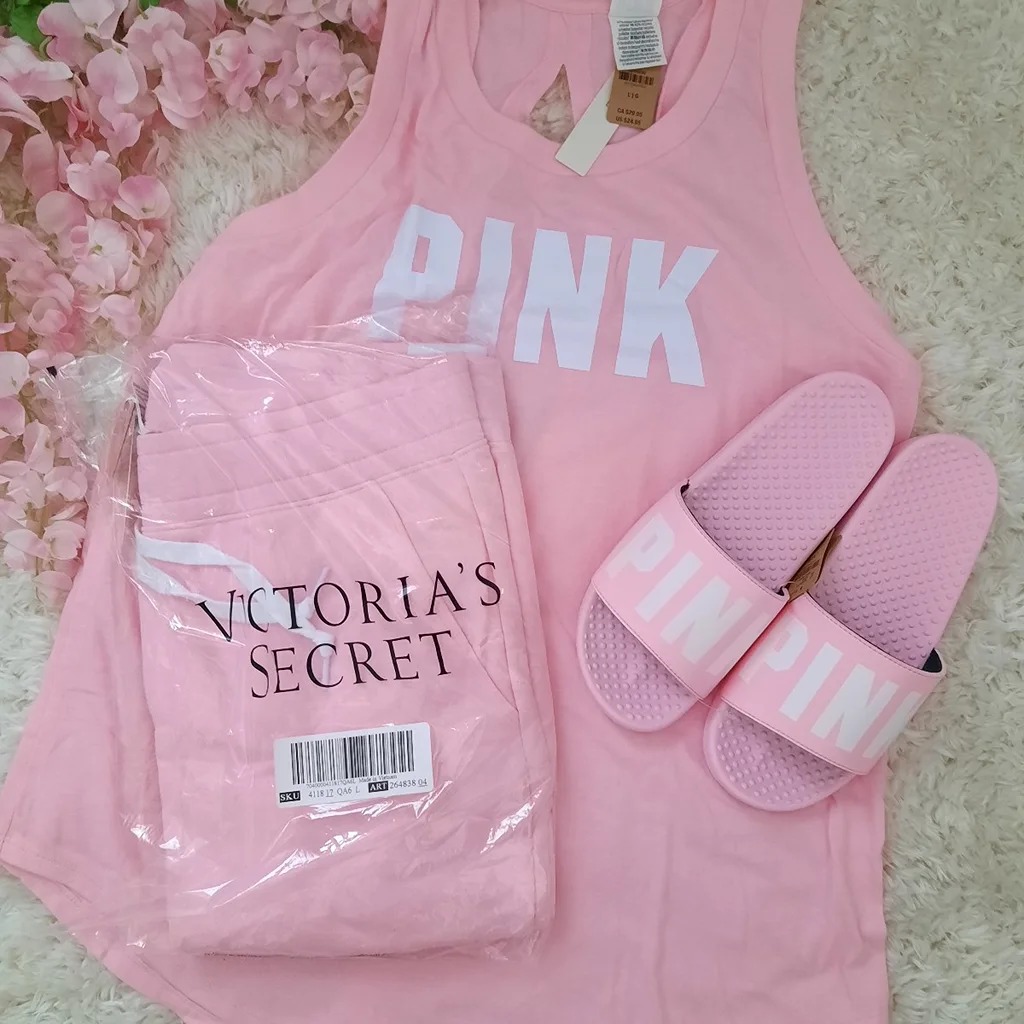 NEW (L) VS PINK Fleece Jogger Pant, Tank and Slides in Daisy Pink