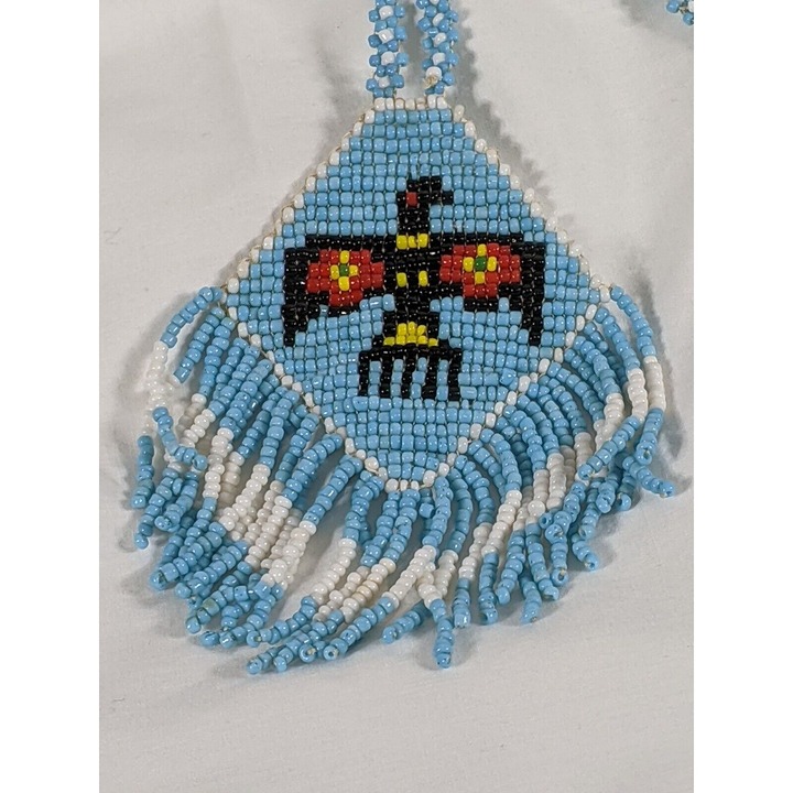 Native American Woven Glass Seed Bead Thunderbird Medallion Necklace Vintage