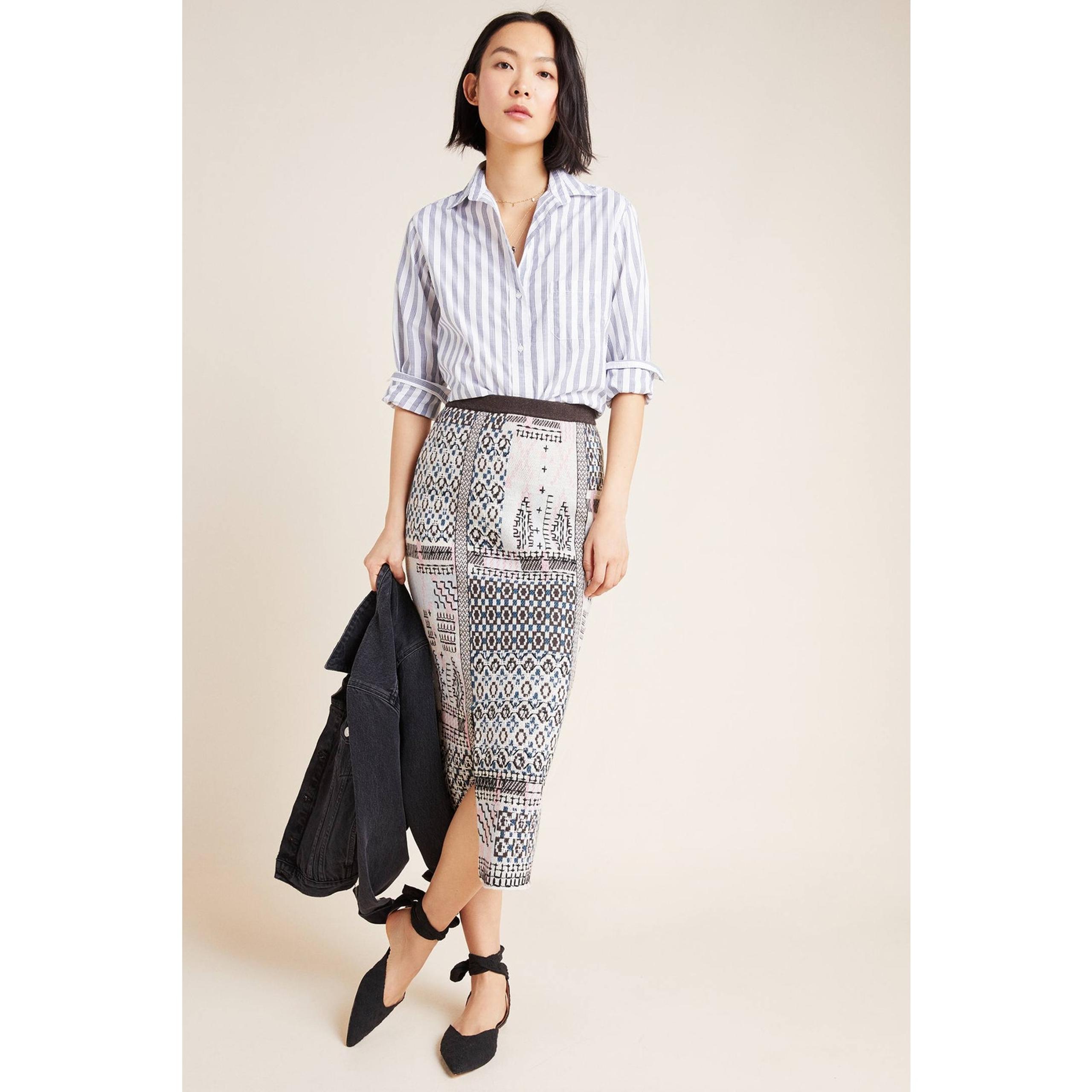 New Anthropologie Avery Embroidered Geo Pencil  Midi Skirt $198 XS Blue Knit