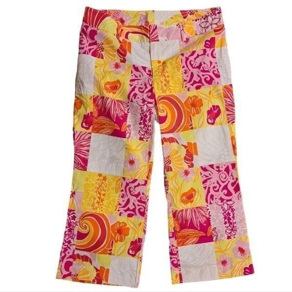 Lilly Pulitzer Colorful Floral Trouser Capri Pants 90's Size 0 Pink Multi-color