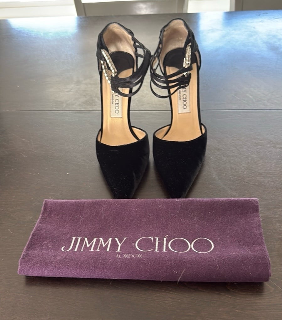 Jimmy Choo black velvet pumps with rhinestone details
