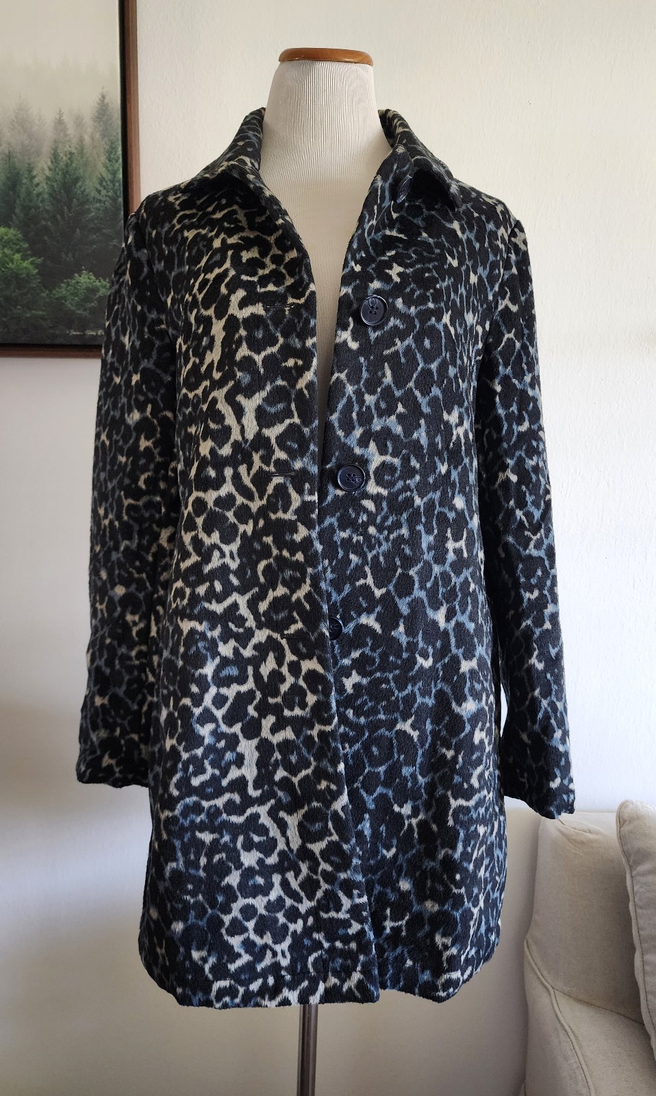 Ann Taylor Loft Button Up Women's Jacket Coat Black Blue Leopard Cheetah Print L