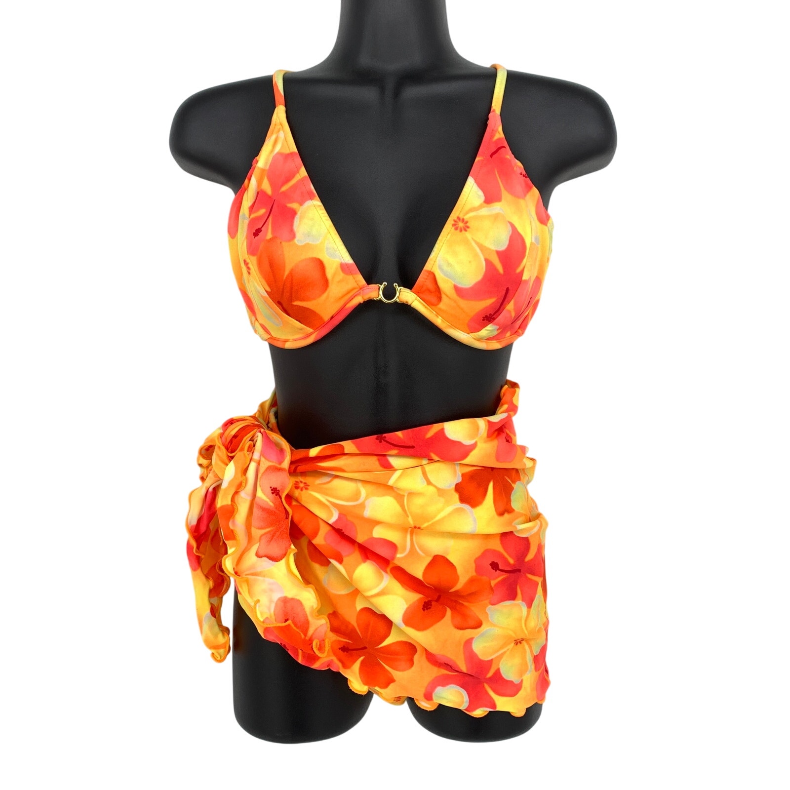 VTG Venus 90s Swimsuit 3 Pc Set Womens Sz M Tropical Floral Print Yellow Pink