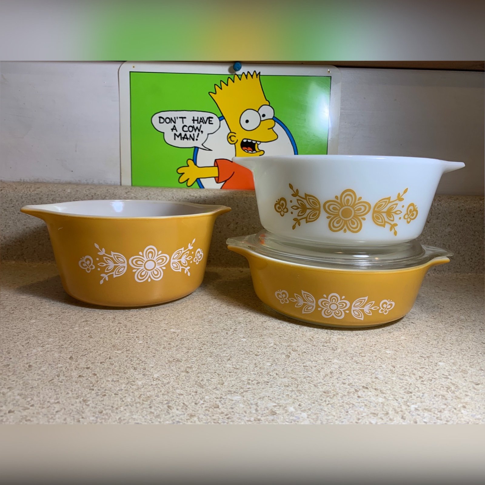 Vintage 1970s Pyrex Butterfly Gold 3 Small Casserole Dishes 1 Lid 472 471