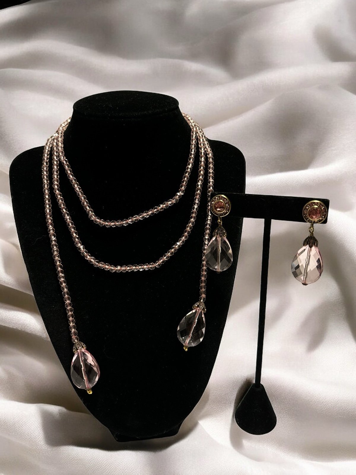 Heidi Daus Brass Tone Rosy Pink Crystal Glass & Crystal Rhinestone Necklace Set