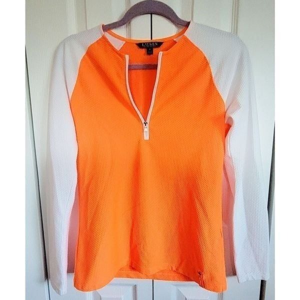 Lauren Ralph Lauren M Pique Woven Orange Sport Yoga Zip Active Shirt Women's