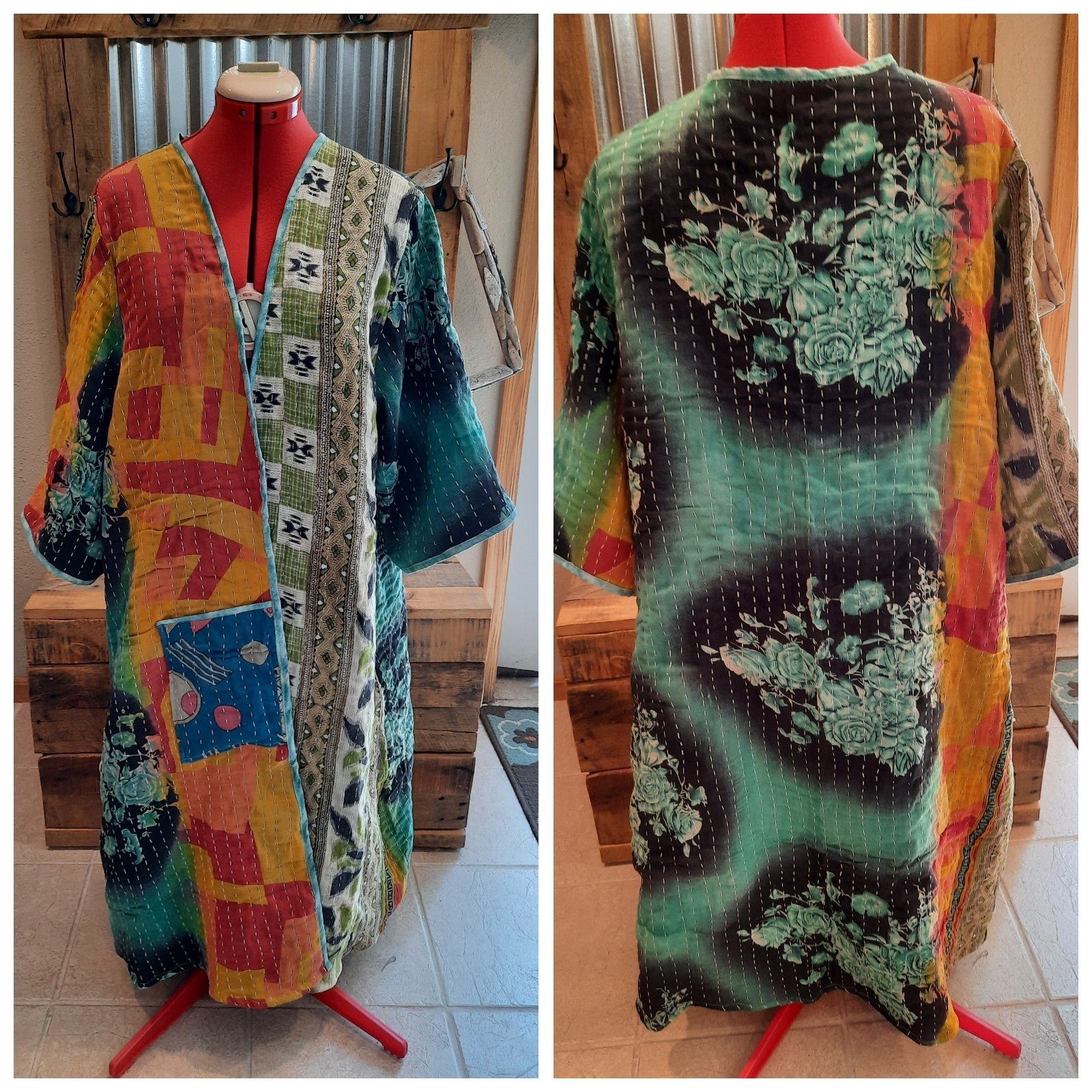 Upcycled Kantha Quilt Long Coat L Reversible