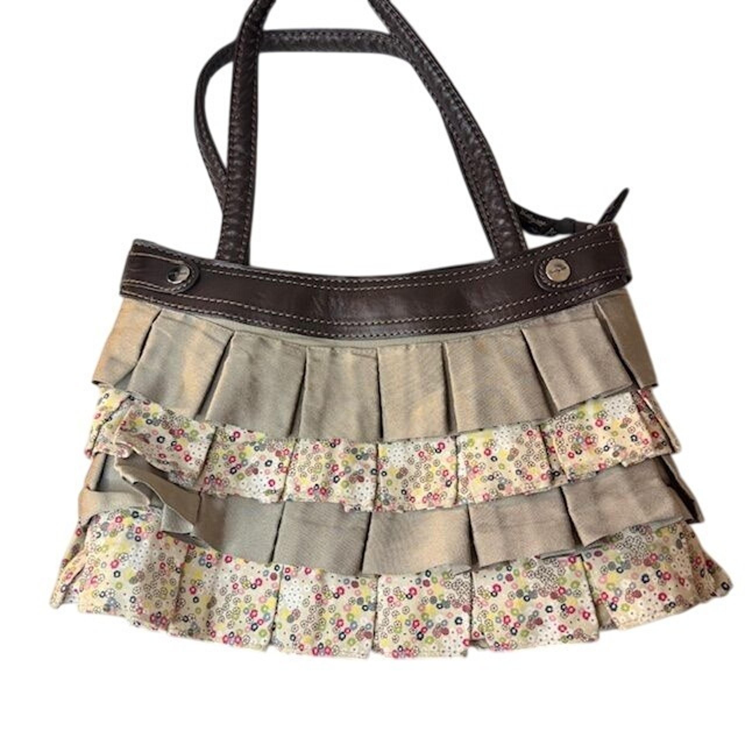 Thirty-One Ruffle Pleated Floral Canvas & Brown Faux Leather Handbag