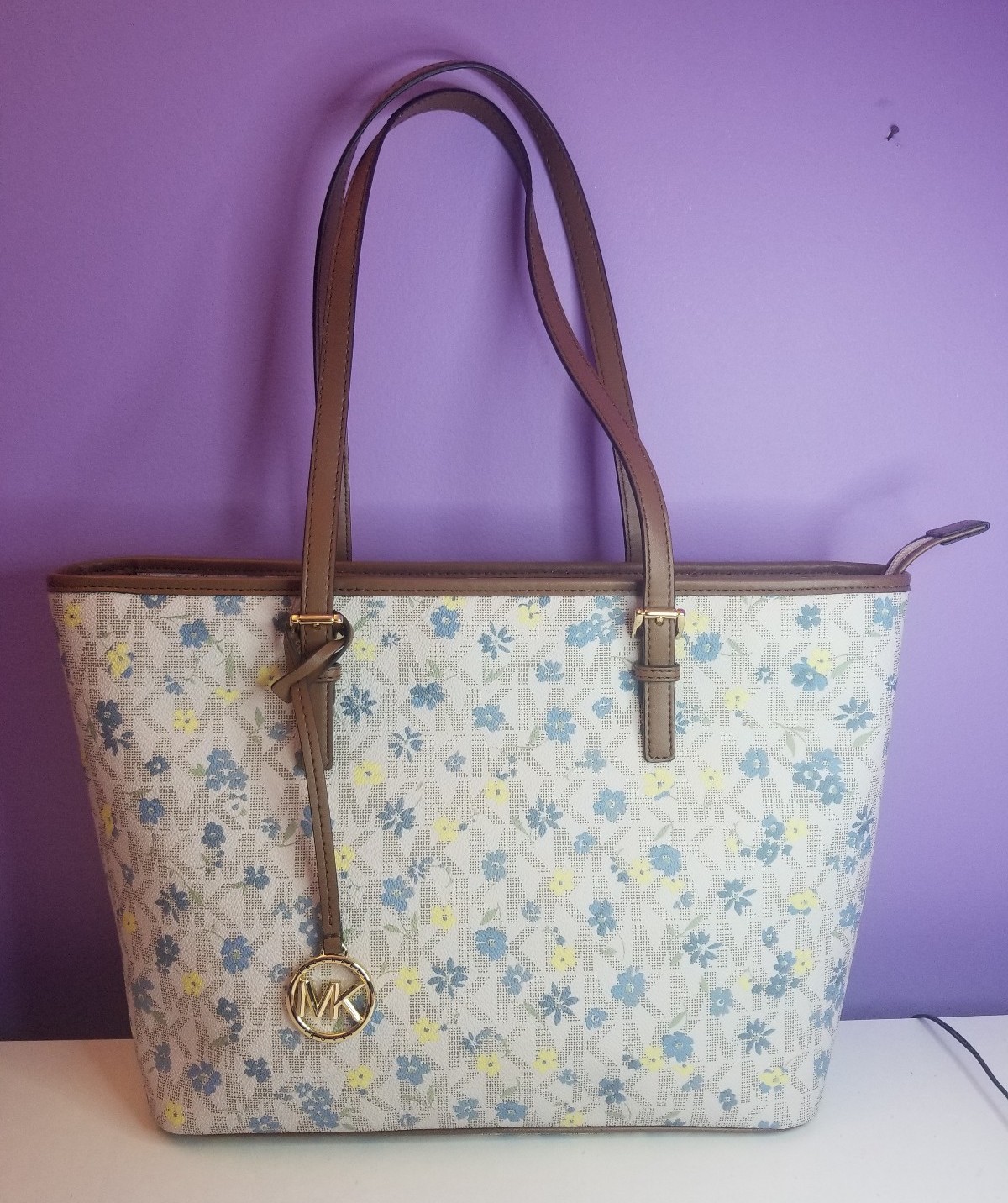 Michael Kors Jet Set Charm Floral Yellow & Blue Medium Caryall Tote NEW WT