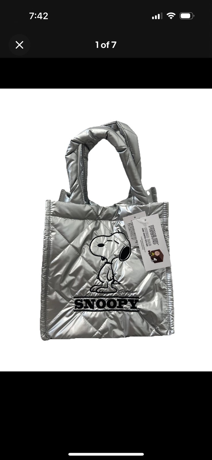 SNOOPY PEANUTS Tote Bag Quilted Silver Color 9+9in M Vintage Peanuts By Schulz