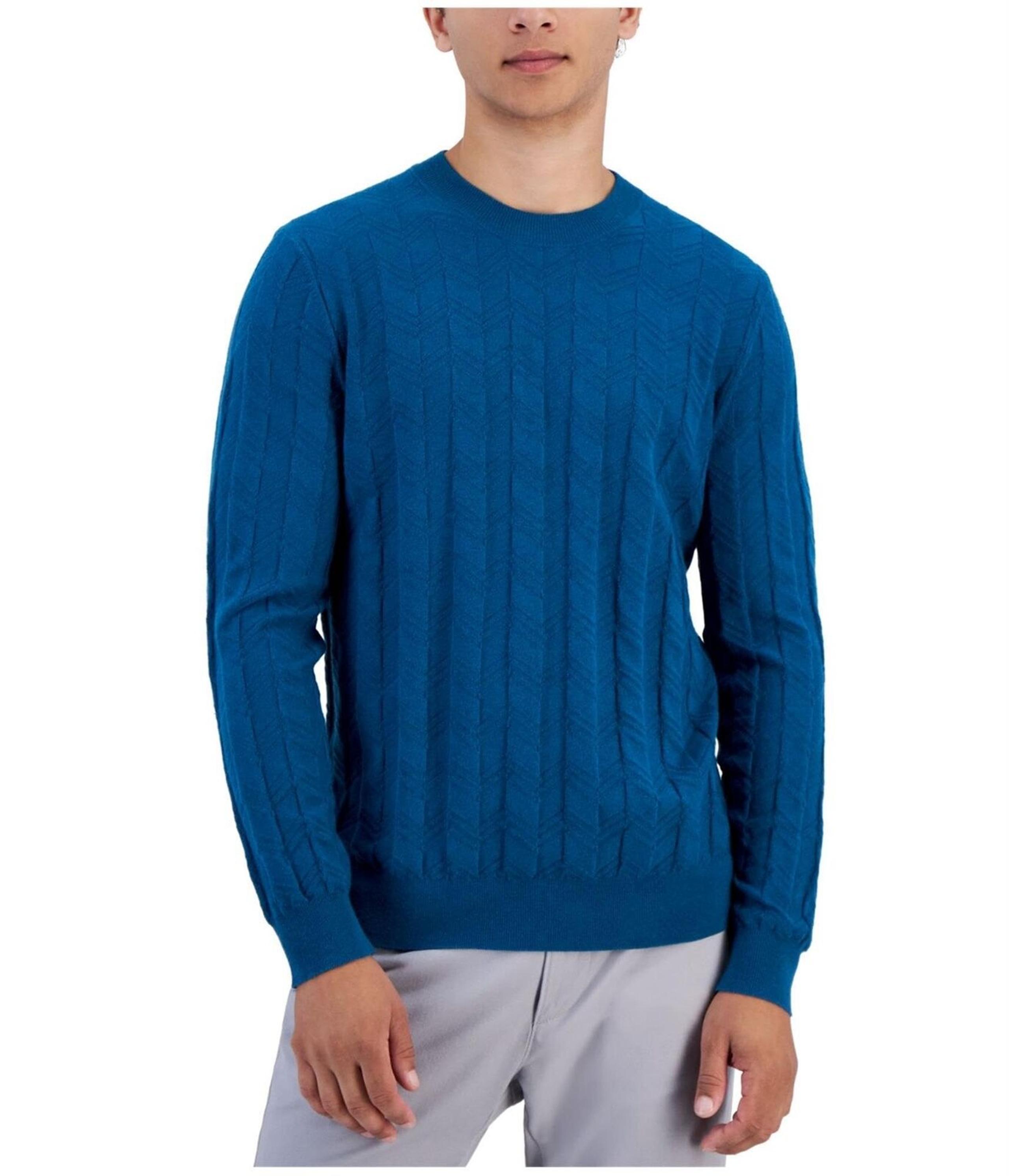 Alfani Men's Textured Chevron Long Sleeve Crewneck Sweater Blue Gem XL