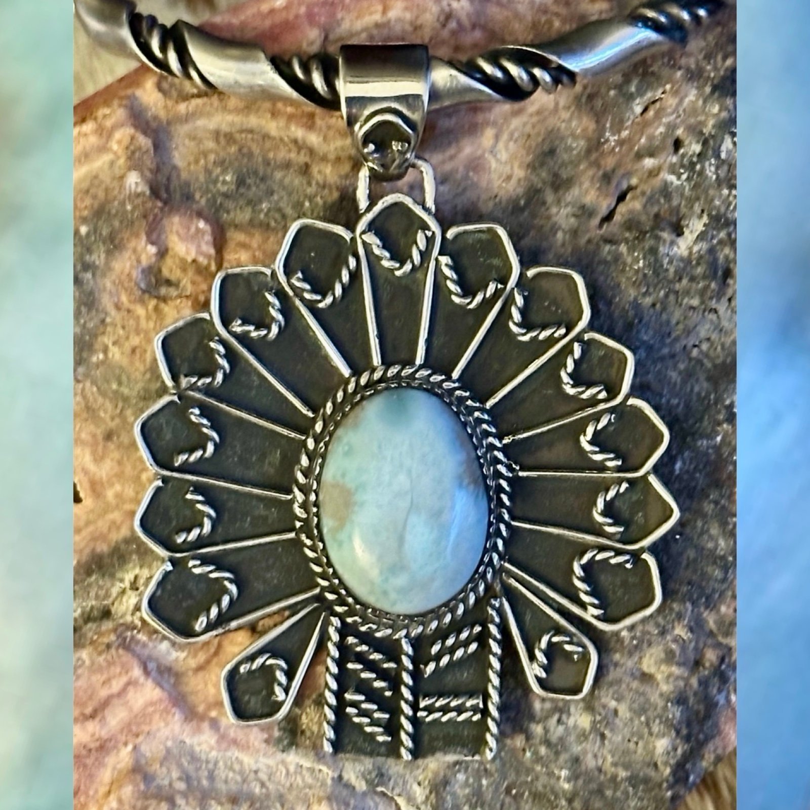 Larimar Indian Chief Headdress Statement Southwestern Sterling Silver Pendant