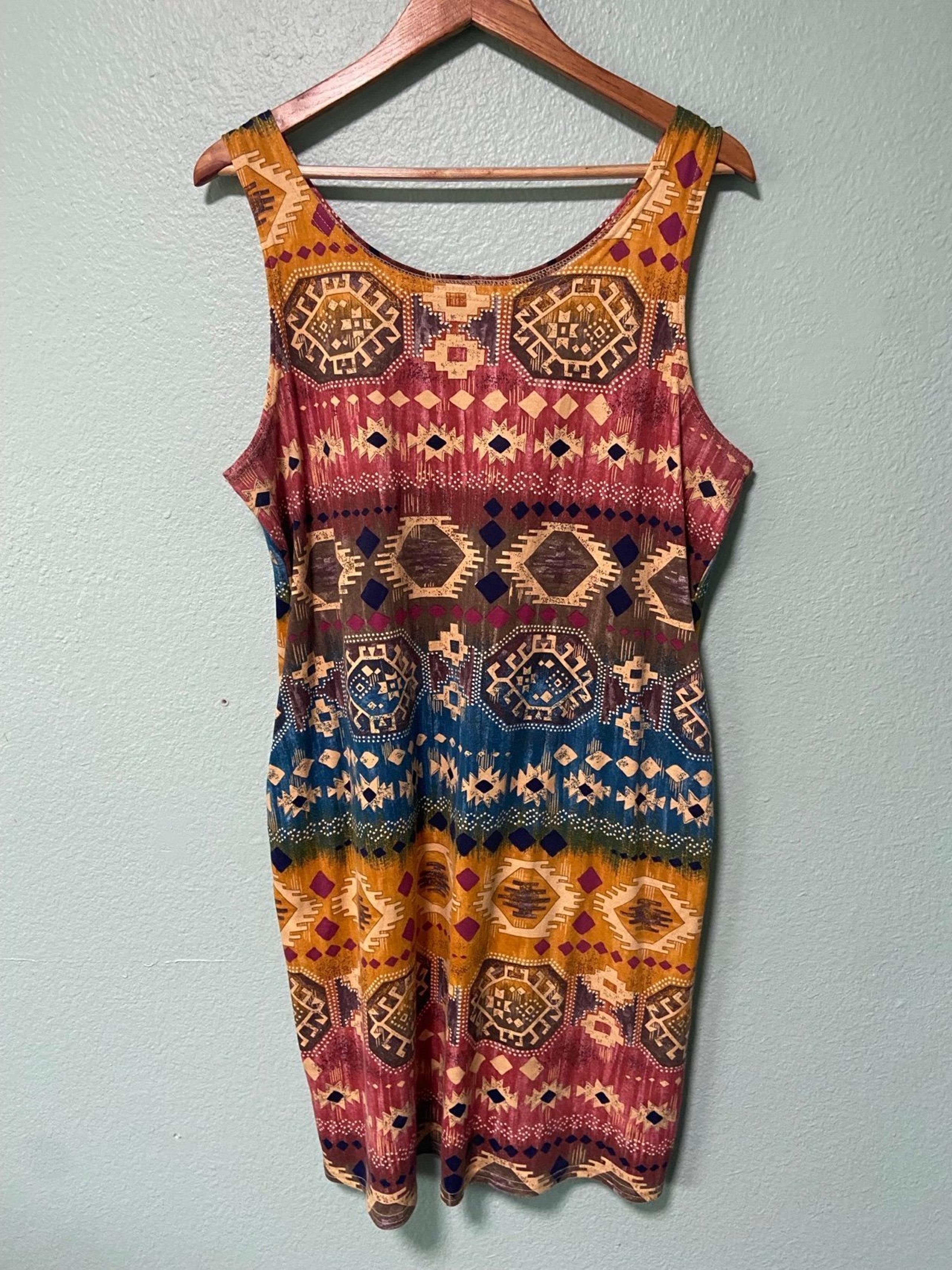 Vintage Molly Malloy Women's Brown Blue Tribal Sleeveless Dress with Pockets