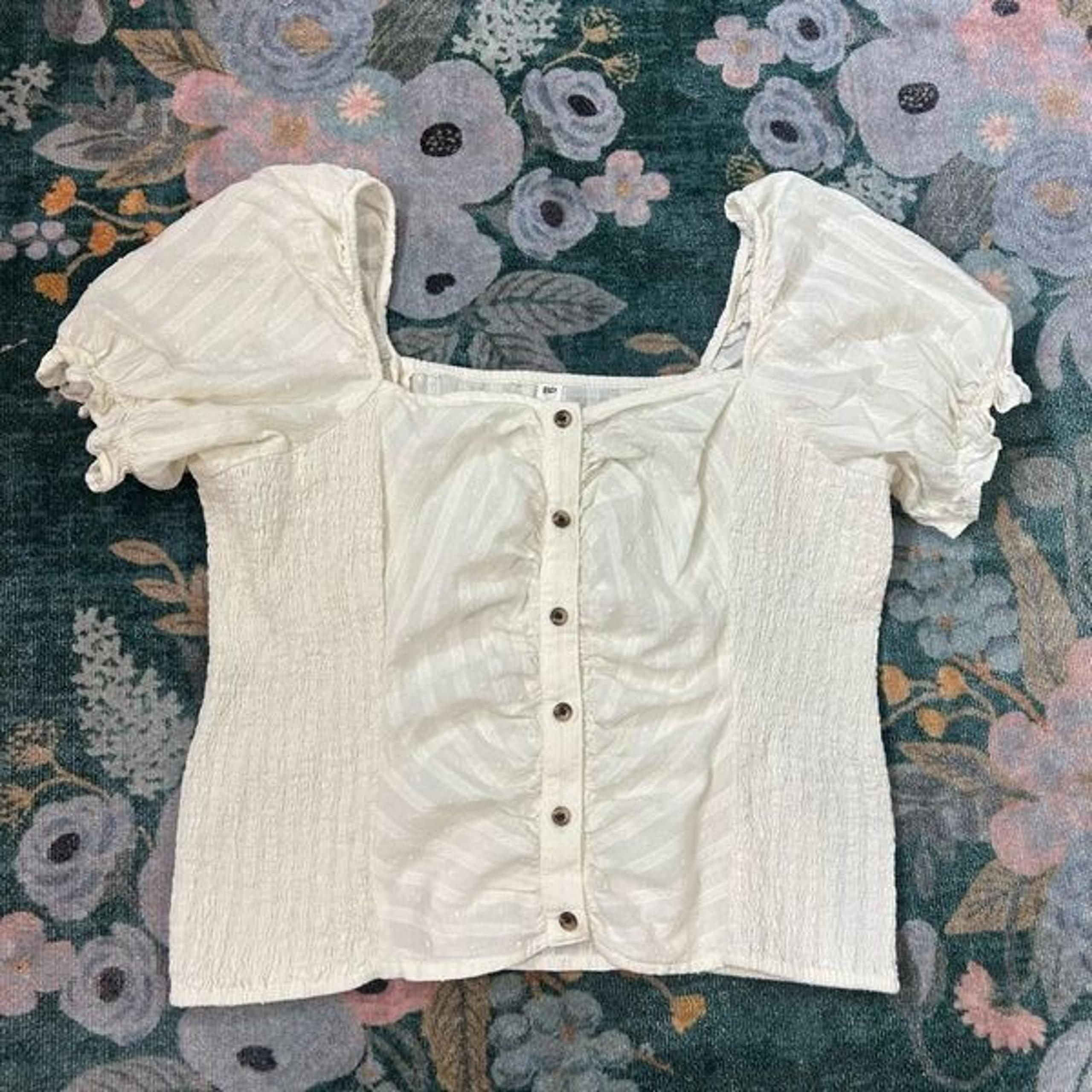 BP. Blouse Smocked Top XL Cream Swiss Dot Ruched Puff Sleeve Cotton Square Neck