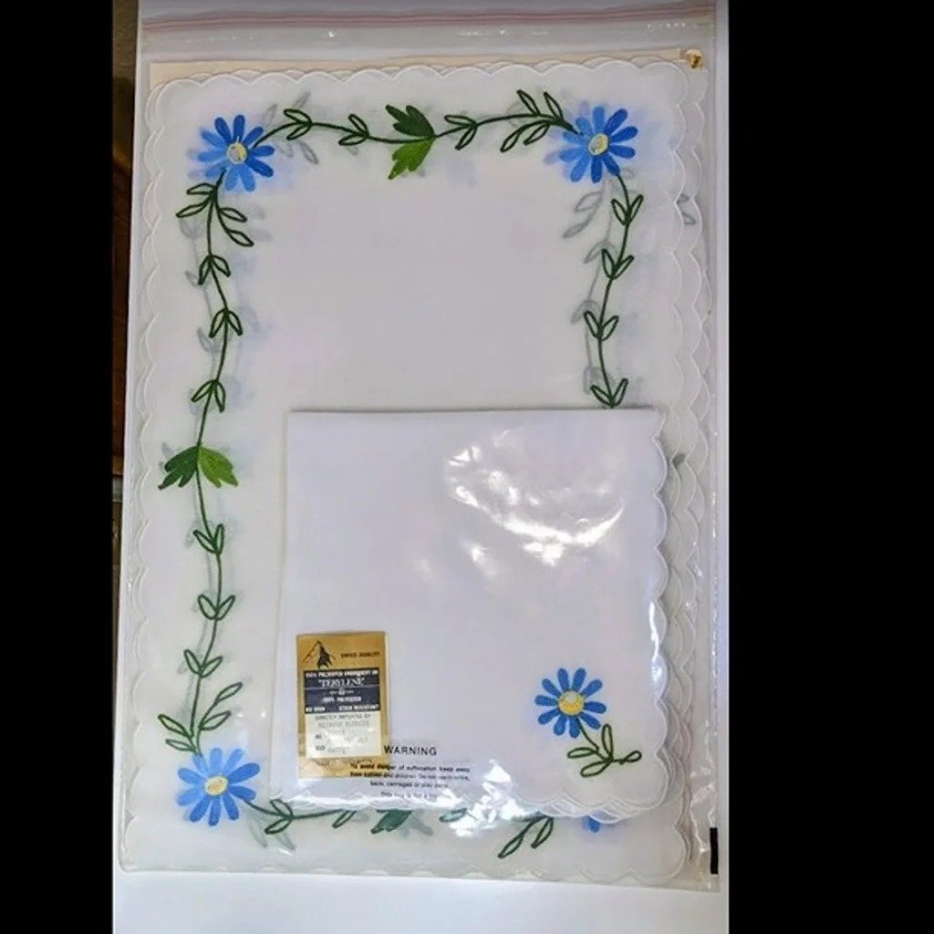 Blue Daisy Embroidered Lace Placemats and Napkins Vintage Set