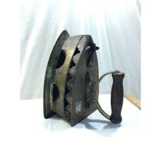 Antique coal sad iron, brass opening wood handle vintage iron