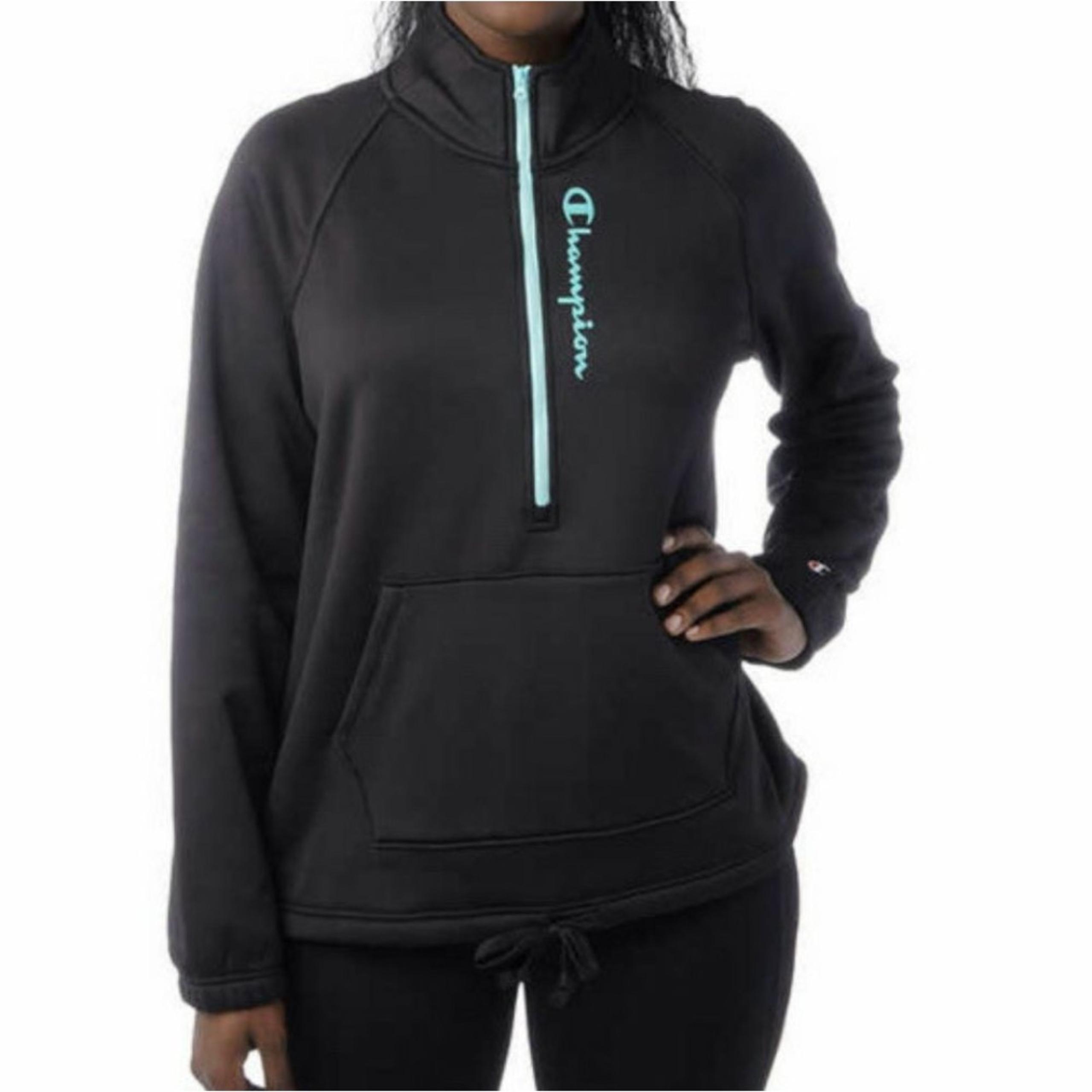 Champion Black Turquoise Quarter Zip Fleece Lined Sweatshirt Size Large