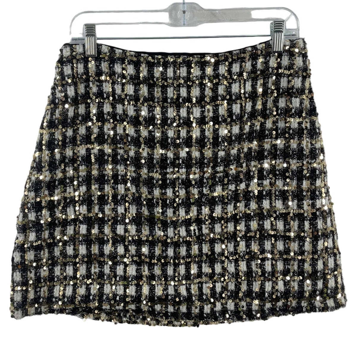 Storia Black Gold Plaid Sequin A-Line Mini Skirt Women’s Size L Preowned