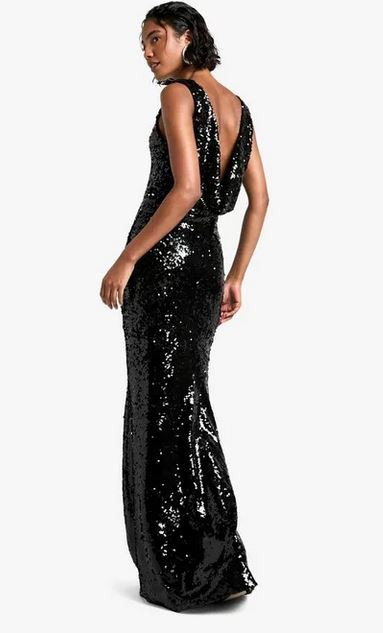 Boohoo Tall Cowl Back Sequin Black Maxi Dress NWT