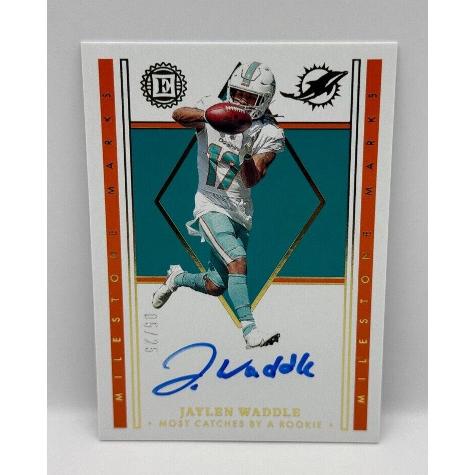 2022 Encased Jaylen Waddle On-Card Auto /25 Most Catches By A Rookie Dolphins