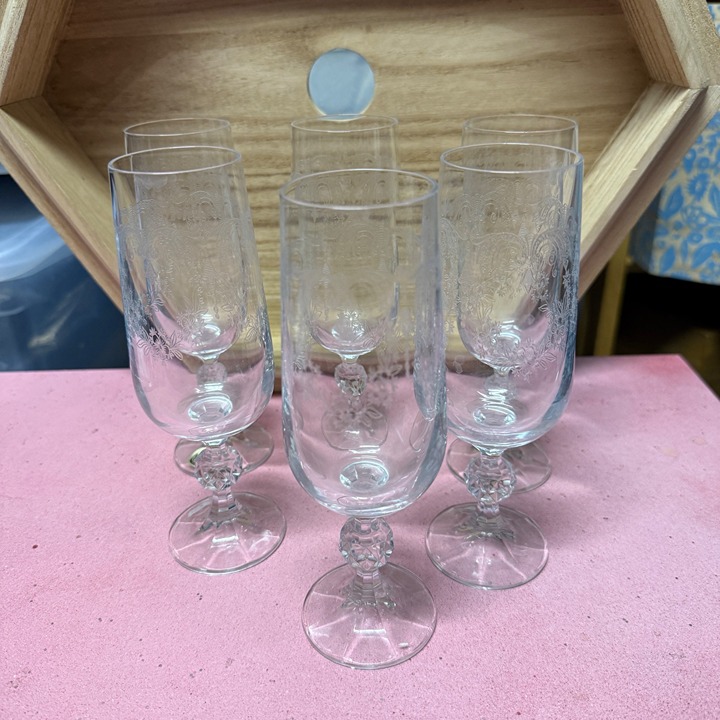 Vintage Bohemia Crystal Cascade Etched Champagne Flutes Set Of 6 With Floral De