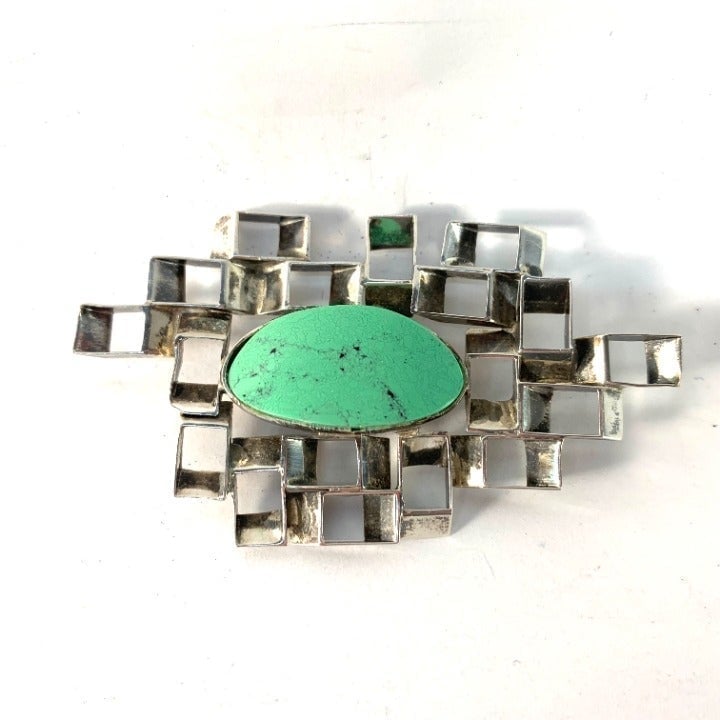 Vintage Aaron Rubinstein Modernist Sterling Silver Green Turquoise Brooch