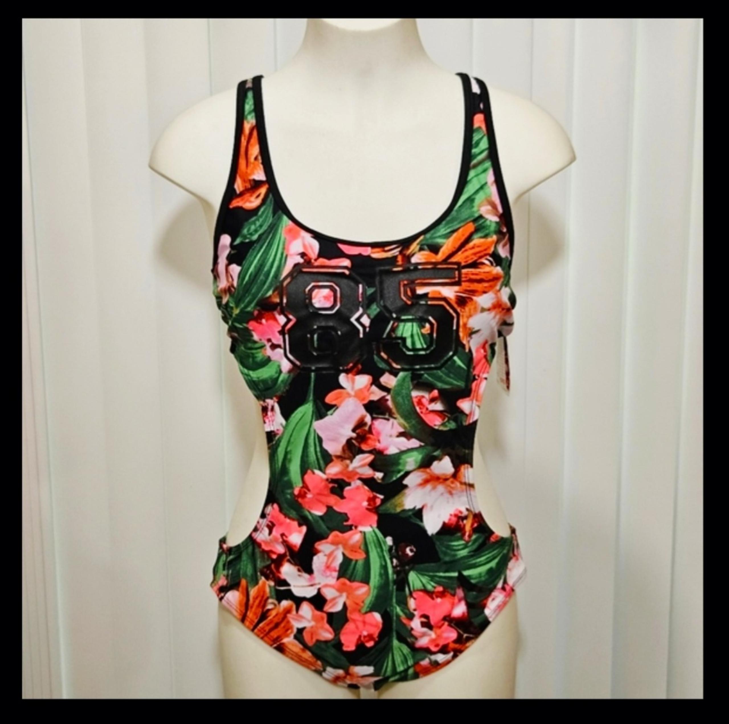 BONGO Floral Cutout Swimsuit - Black, Pink, Green, Orange Sz Large NWT
