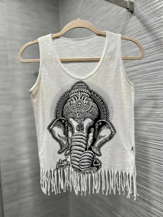 Tank White tank top with Lord Ganesha elephant print. bottom fringe. size S